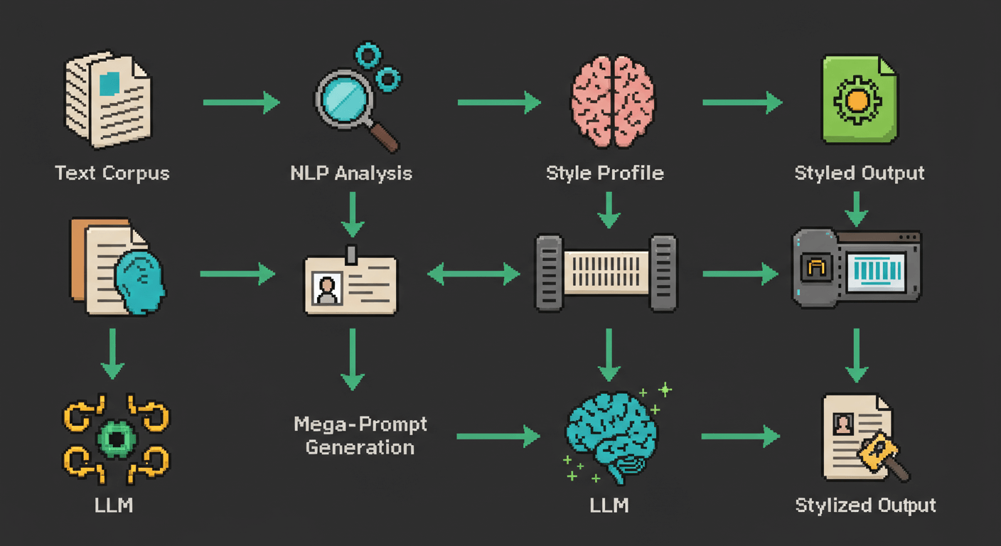 Диаграмма процесса работы Persona Stealer AI: Сбор текстов -> NLP-Анализ -> Стилевой Профиль -> Мега-Промпт -> Аутентичный Контент